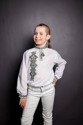 Сорочка вишиванка дитяча для хлопчика біла з зеленою хрестиковою вишивкою орнамент 104-146, фото 1