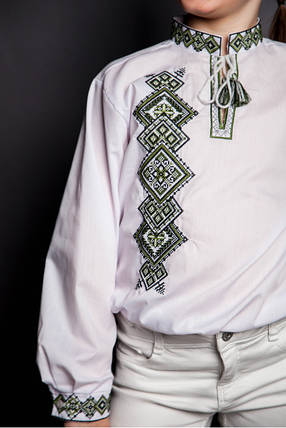 Сорочка вишиванка дитяча для хлопчика біла з зеленою хрестиковою вишивкою орнамент 104-146, фото 2