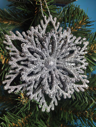 Сніжинка об'ємна новорічна срібло з присипкою, фото 1