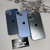 Чехол для iPhone 14 стеклянный с хромированным ободком Glass Titanium Case с линзами на камеру матовый