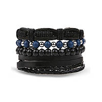 Набор плетеных кожаных мужских браслетов универсального размера с синими и черными бусинами (NR0514)