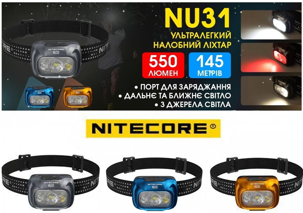 Налобний ліхтар NITECORE NU31 з потрійним світлом (550LM, 1800 mAh, USB-C, WHITE+CRI+RED, 9 режимів), ВИБІР КОЛЬОРУ