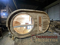 Баня Ovale Fassauna овальна 4,2х2,3м з термобрусу з панорамним вікном від Thermowood Production. Відео