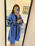 Женское голубое Платье с вышивкой ришелье, Стильное вышитое платье, Платье женское голубое, S