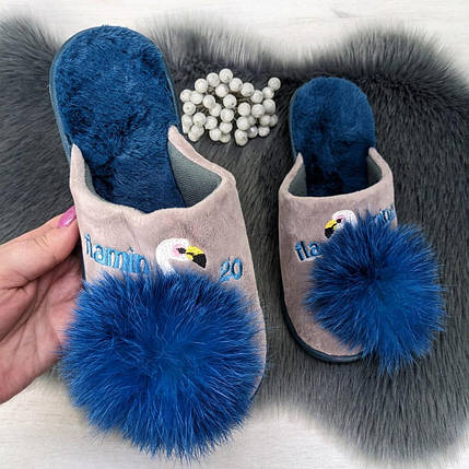 Тапочки жіночі домашні Белста сірі з синім помпоном Фламінго 2728, фото 1