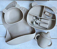 Набор силиконовой посуды Мишка Беж Однотонный нагрудник Набор посуды для первого прикорма