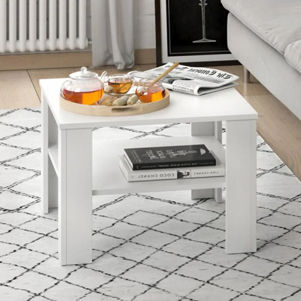 Журнальний столик квадратний сучасний з поличкою, кавовий столик у вітальню