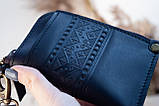 Міні-гаманець картхолдер чорний та темно-коричневий з тисненням Вишивка | міні гаманець на блискавці, фото 7