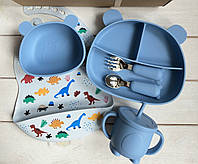 Набор посуды Мишка Павдер блу Красивый набор посуды для малышей Силиконовые тарелки