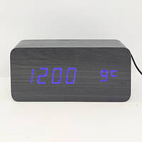 Годинник будильник електронний під дерево VST 862 термометр корпус чорне дерево цифри сині