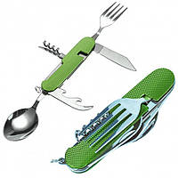 Туристический набор складной 5 в 1 (ложка, вилка, нож, открывалка и штопор), Зеленый / Мультитул столовые приборы