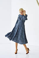 Женское стильное синее платье миди длины в мелкий горошек на длинный рукав (M, L)