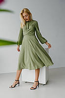 Женское стильное зеленое платье миди длины в мелкий горошек на длинный рукав (M, L)