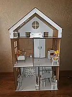Деревянный самосборный кукольный трехэтажный домик пазл для кукол Барби на 5 комнат с мебелью, из фанеры