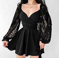 Женское стильное платье мини с прозрачными рукавами ткань: креп-дайвинг+фатин Мод 424