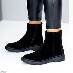 Замшеві чорні зручні зимові черевики натуральна замша стильний мінімалізм