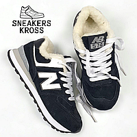 Женские зимние кроссовки New Balance 574 Black c мехом, Зимние Нью Беланс 574 черные мех