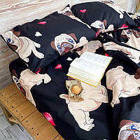 Двухспальный постельный комплект белья черный с мопсами поликотон