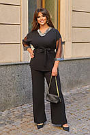 Черный нарядный и эффектный брючный женский костюм с блузой свободного силуэта батал с 50 по 60 размер