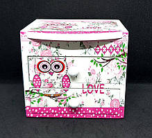 Дерев'яна скринька для прикрас, дитяча скринька Сова рожева, комод 9х8х7 см з ящиками та дзеркалом