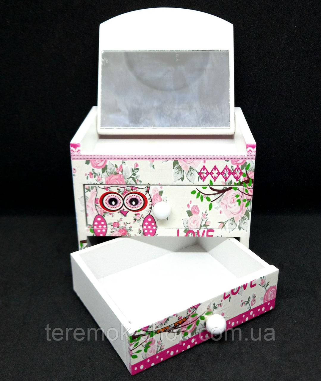 Шкатулка деревянная детская с зеркалом розовая сова, сундучок для украшений 9х8х7 см с выдвижными ящиками - фото 2 - id-p2053344268