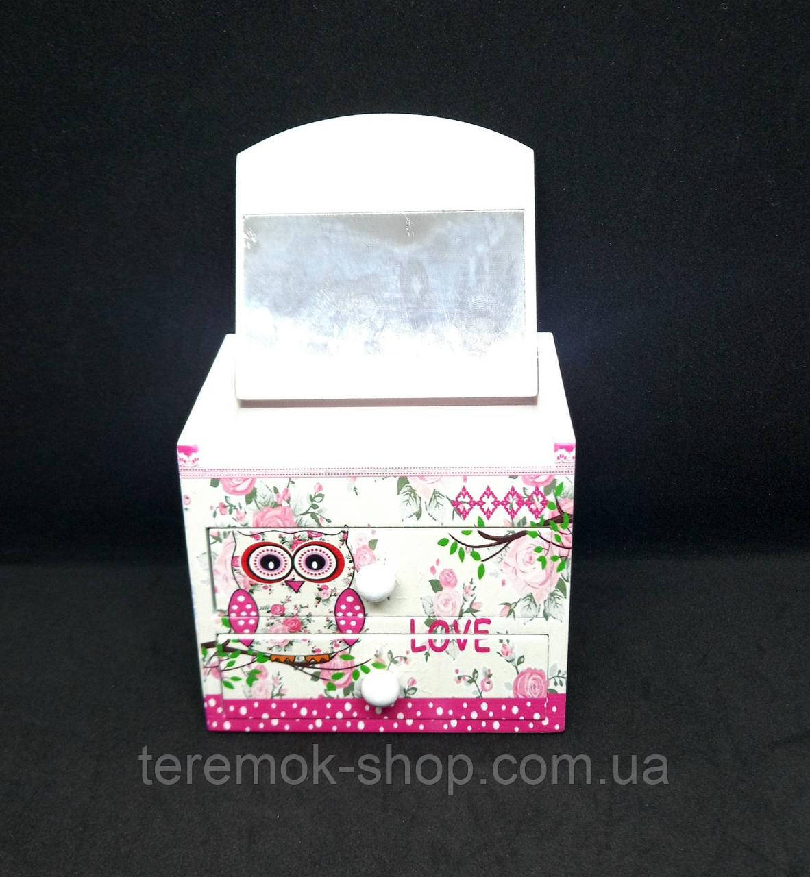 Шкатулка деревянная детская с зеркалом розовая сова, сундучок для украшений 9х8х7 см с выдвижными ящиками - фото 3 - id-p2053344268
