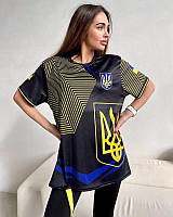 Футболка жіноча для занять спортом оверсайз біфлекс колір чорний синій з жовтим принт Тризуб M