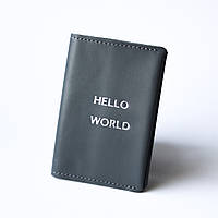 Кожаная обложка для паспорта "Hello world",серая с посеребрением.