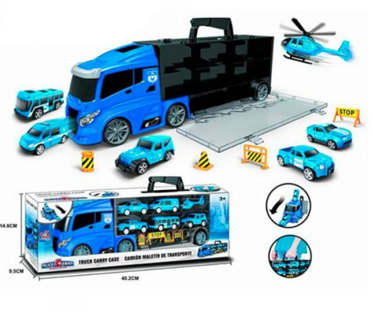 Дитячий поліцейський трейлер-автовоз 39см, Police Truck, звукові та світлові ефекти Синій 666-08К, фото 1