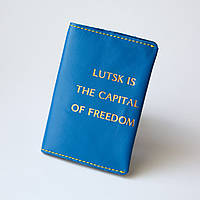 Кожаная обложка для паспорта "Lutsk is the capital of freedom" синяя с позолотой, желтая нить.