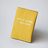 Кожаная обложка для паспорта "Don't Worry Be Happy" желтая с посеребрением,белая нить.
