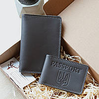 Кожаный набор "Докхолдер + обложка для ID - паспорта", серый