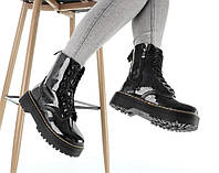 Женские зимние ботинки Dr. Martens Jadon Galaxy FUR (черные глянцевые) высокие повседневные теплые SALE!Y12428