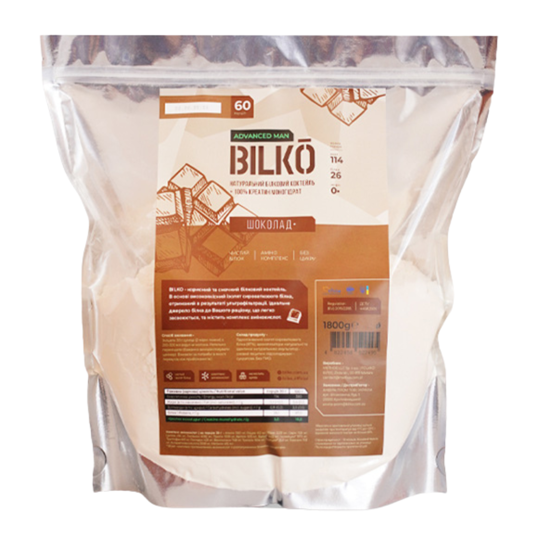 Натуральний білковий коктейль + 100% креатин моногідрат Bilko Advanced Man смак шоколад 1,8 кг, фото 1