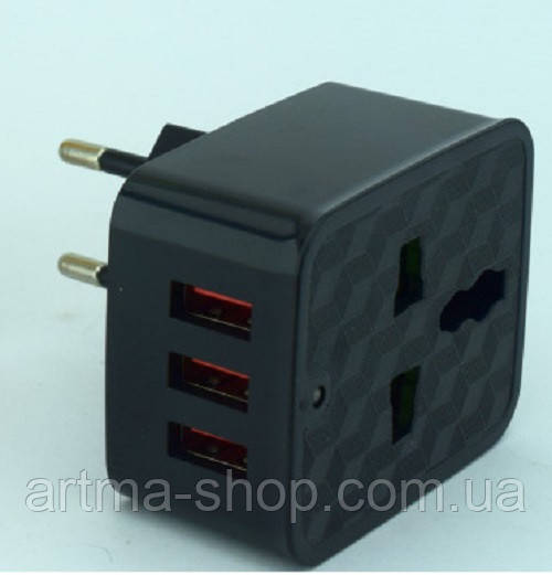 Мережевий адаптер Smart Напруга 5.1A, 3 USB, європерехідник, чорний (SZU 3 USB)