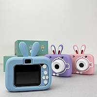 Детский фотоаппарат с селфи камерой и видео съемкой, в силиконовом чехле в виде зайчика Голубой
