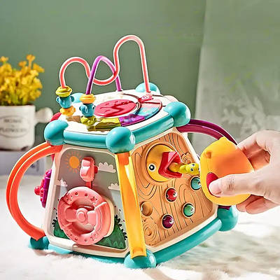 Чарівний розвиваючий барабан сортер 7в1 гра нагодуй пташку пальчиковий лабіринт кермо годинник піаніно зі світлом та звуком