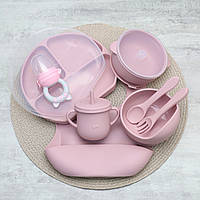Детская силиконовая посуда для прикорма со слюнявчиком. тарелками и поильником Пудра