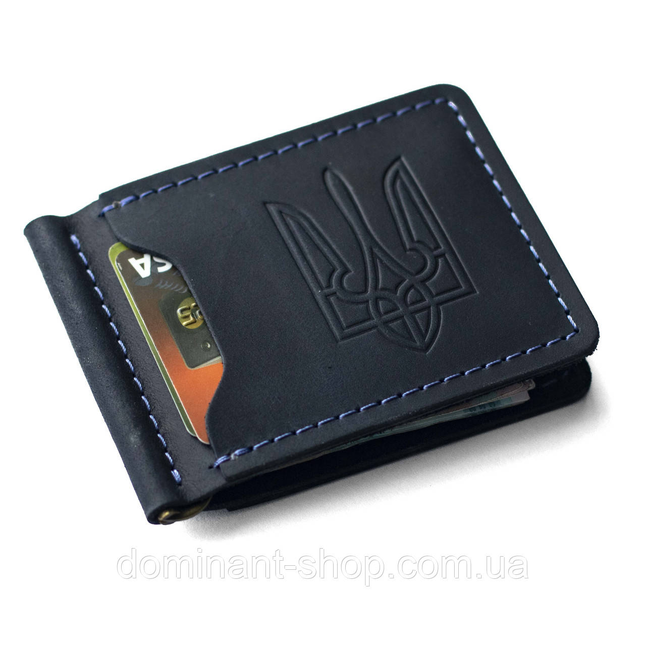 Чоловічий затискач Hetman Dark Blue для грошей і карт, шкіра Crazy Horse, фото 1