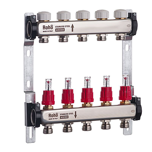 Колектор із витратоміром і термостатичними клапанами Roho R804-05 — 1"х 5 вих.