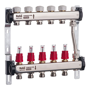 Колектор із витратомірами та термостатичними клапанами з байпасом Roho R814-05 — 1"х 5 вих.
