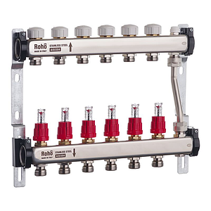 Колектор із витратомірами та термостатичними клапанами з байпасом Roho R814-06 — 1"х 6 вих.