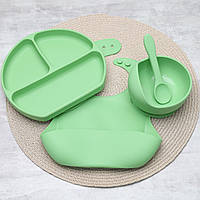Набор детской посуды для прикорма силиконовой из 4 предметов, Силиконовая посуда для детей Серый Оливковый