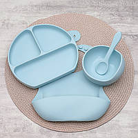 Набор детской посуды для прикорма силиконовой из 4 предметов, Силиконовая посуда для детей Серый Серо-голубой