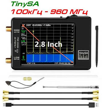 TinySA, аналогатор спектра, смуга: 100 кГц-960МГц, генератор РЧ: 960МГц, дисплей: 2.8"