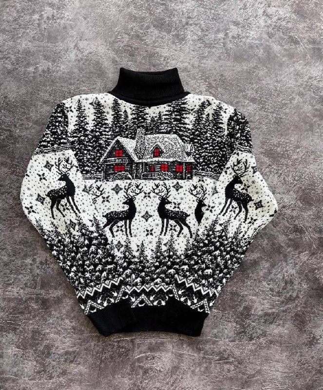 Новорічні парні светри зимові, світера-гольфи для жінок та чоловіків , різдв'яний светер з оленями чорний