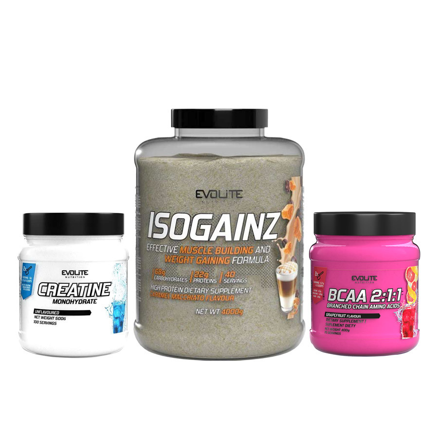 Iso Gainz (4 kg caramel macchiato) + Creatine Monohydrate (500 g unflavoured) + BCAA 2:1:1 (400 g grapefruit)