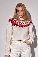 Укороченный вязаный свитер с орнаментом - молочный цвет, M