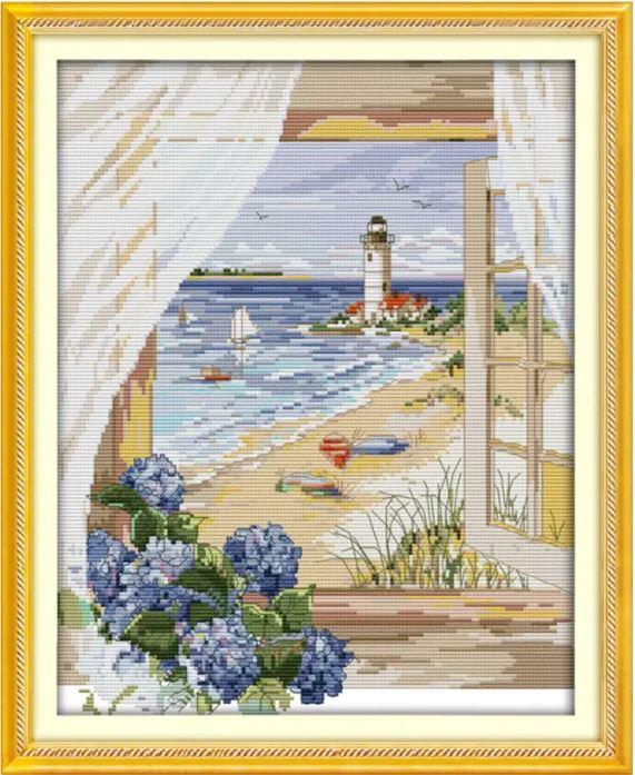 Набір для вишивання за нанесеною на канву схемою "Sea view outside thection".AIDA 14CT printed, 33*40 см, фото 1