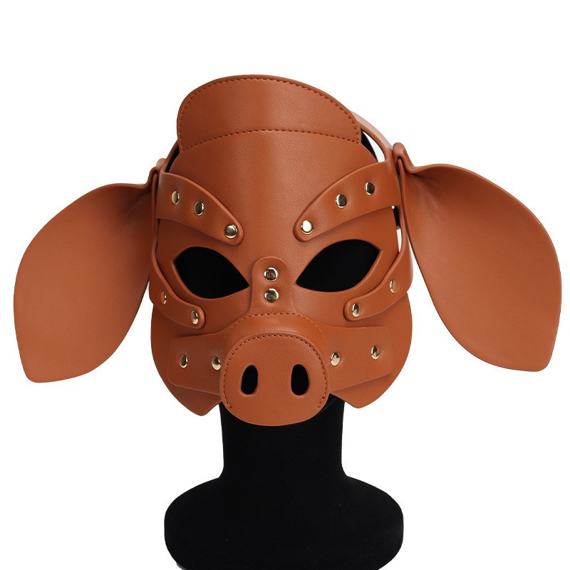 Бдсм маска голова свині Leather Pig Mask Brown Кітті